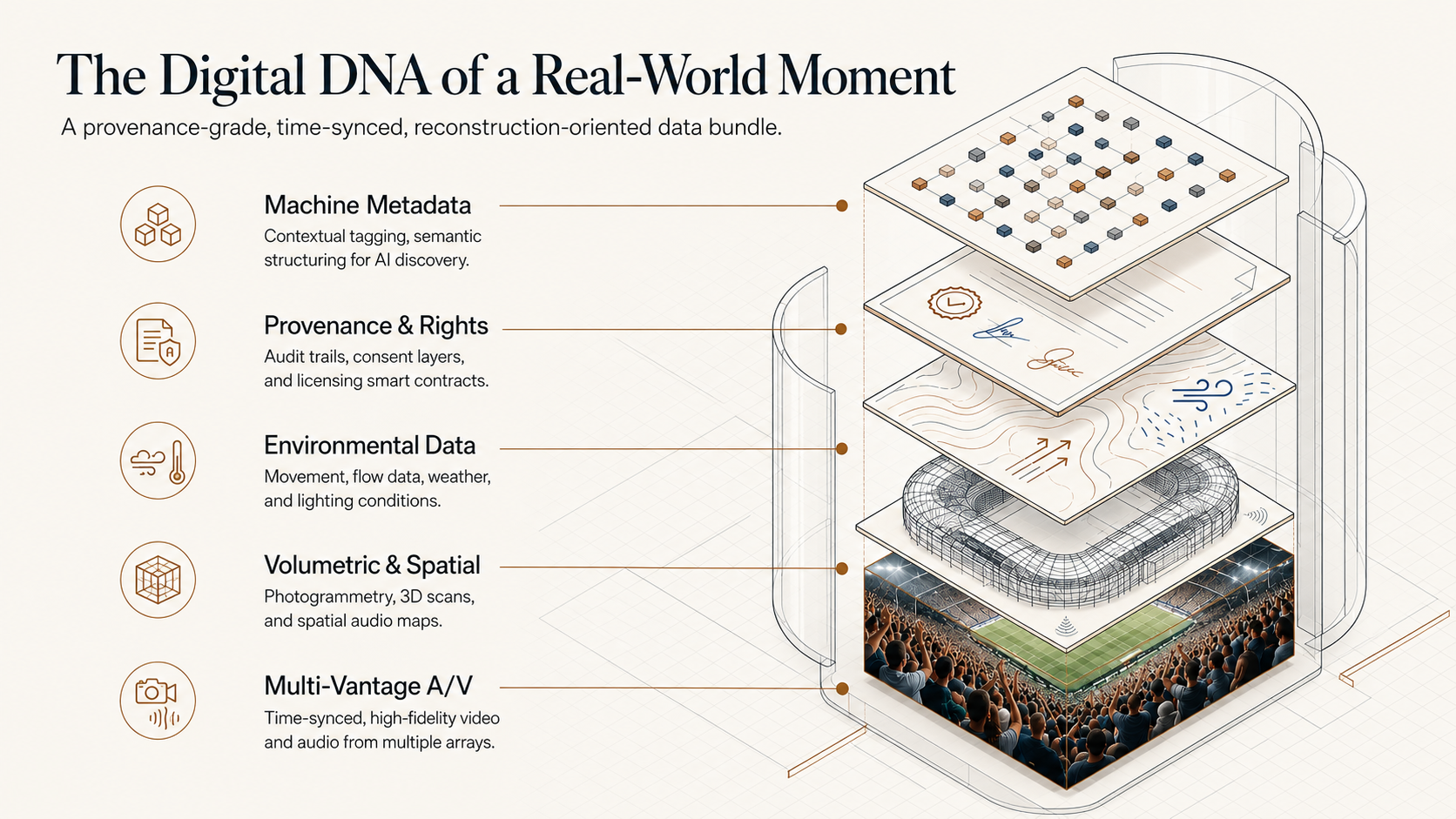 The Digital DNA of a Real-World Moment diagram showing metadata, rights, environmental data, volumetric spatial data, and multi-vantage audio/video layers
